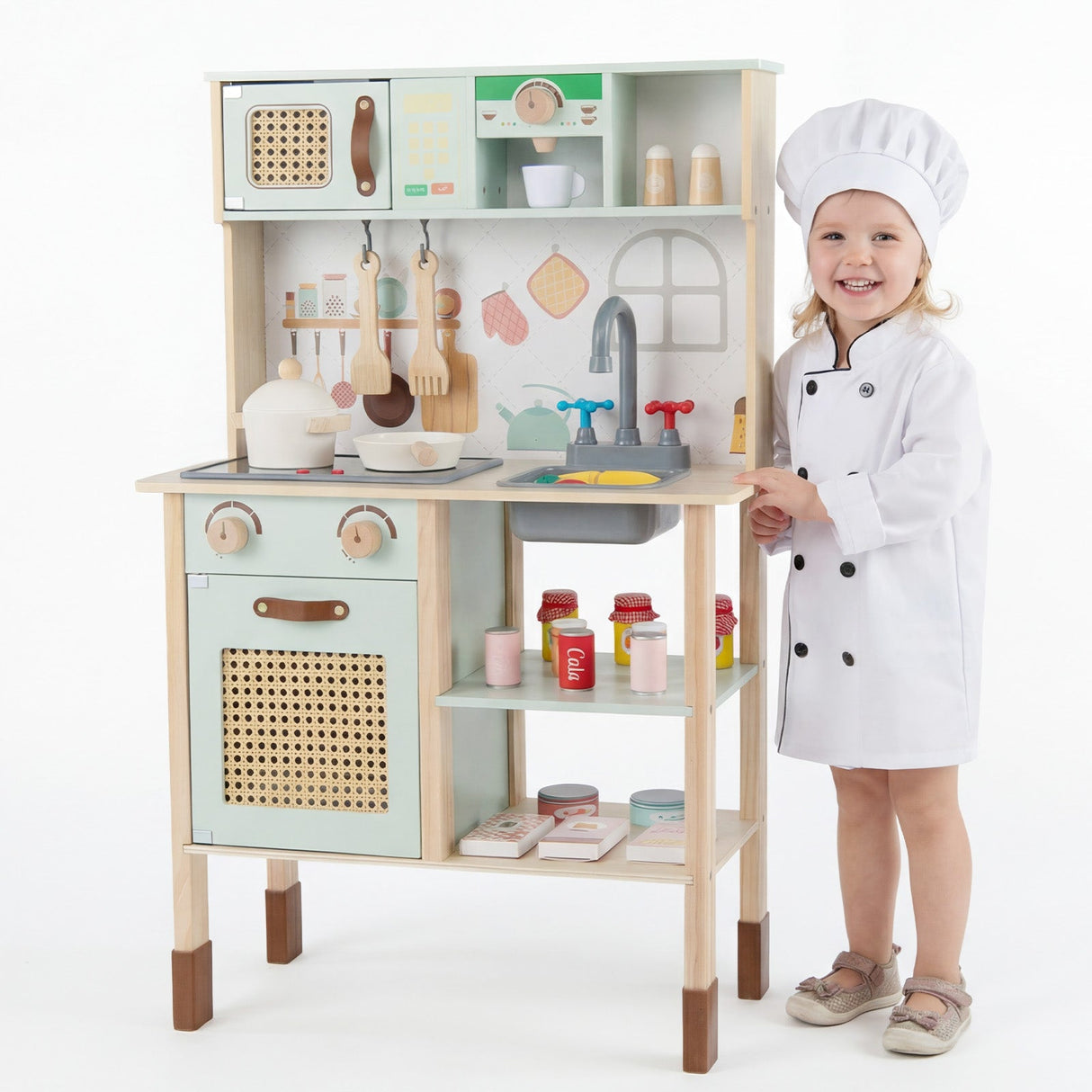 Wooden Play Kitchen for Kids with Lights and Sounds Retro Style With Accessories-Green