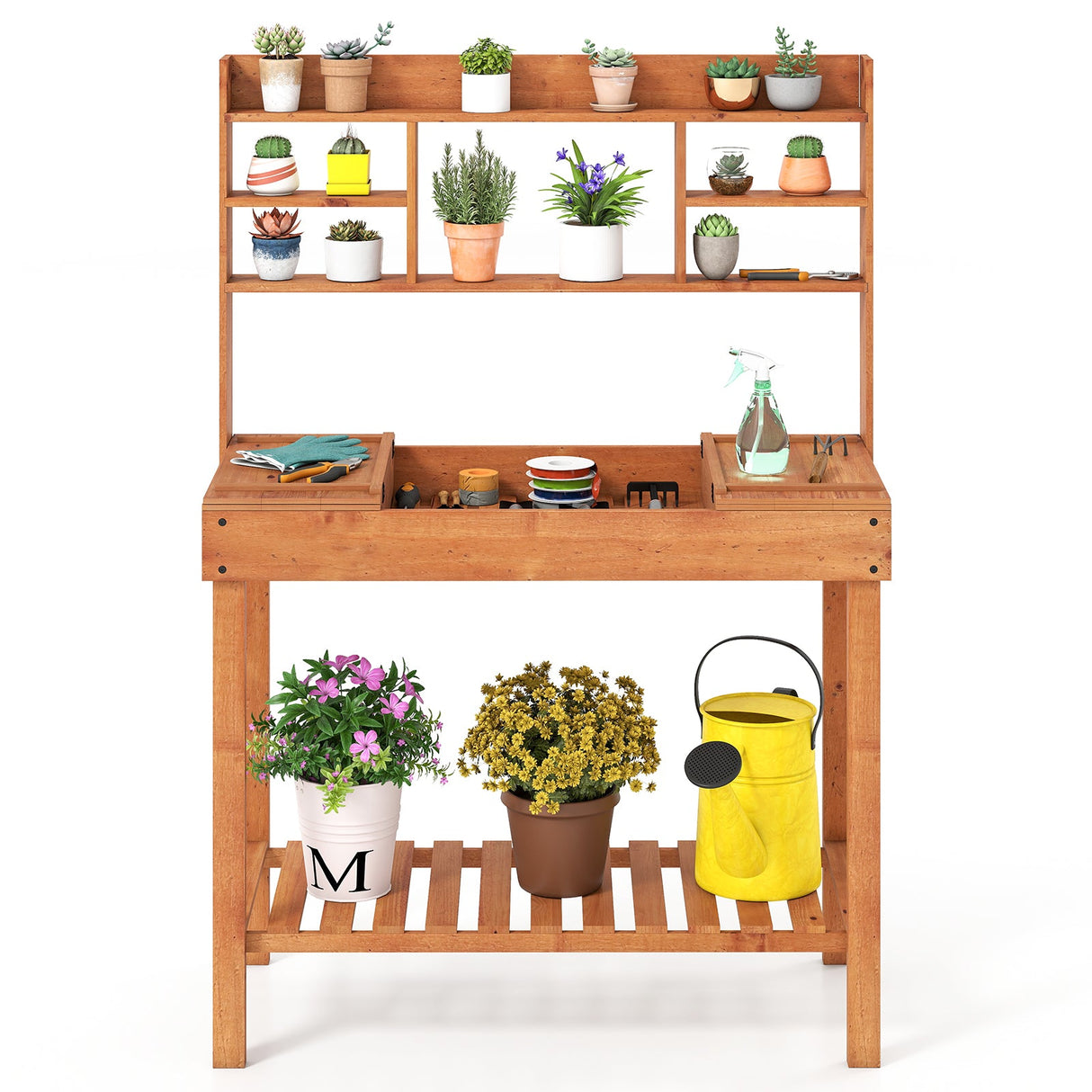 Mesa de trabajo de madera para macetas de 61" con estante abierto de 3 niveles - Marrón