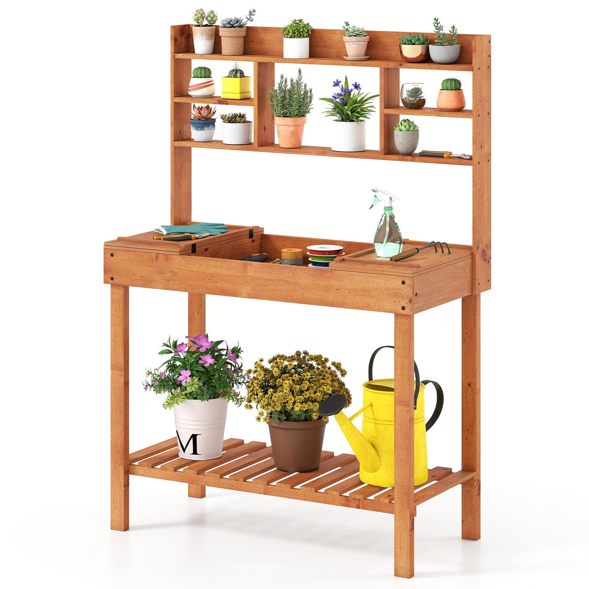 Mesa de trabajo de madera para macetas de 61" con estante abierto de 3 niveles - Marrón