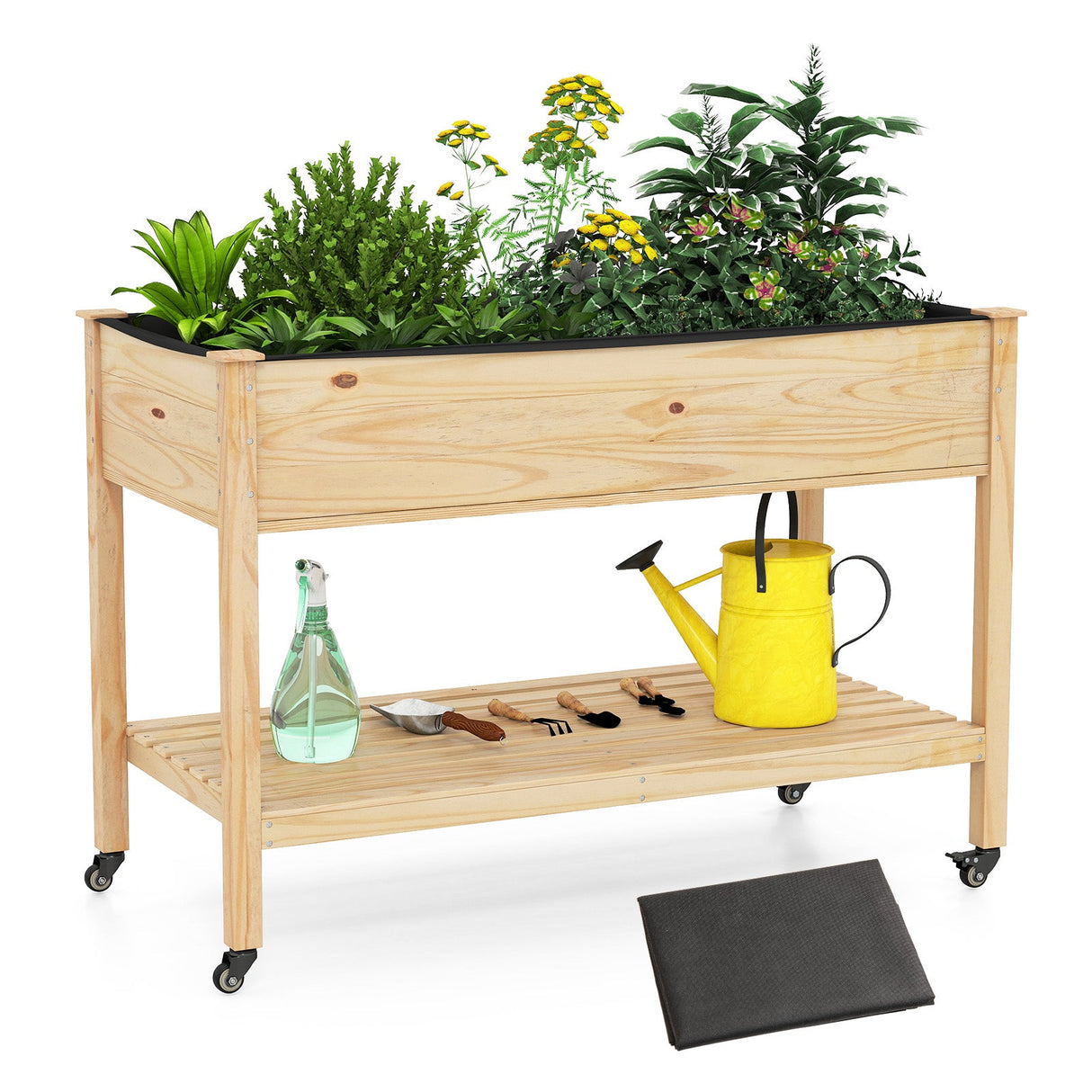 Mesa de cultivo de madera con patas y ruedas bloqueables - Natural