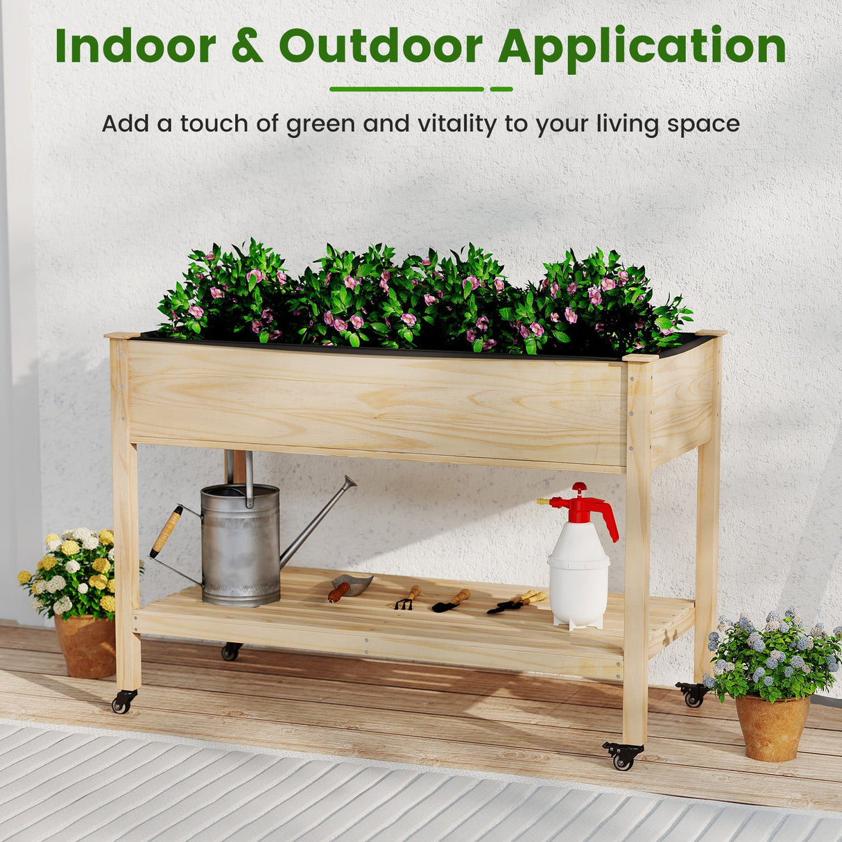 Mesa de cultivo de madera con patas y ruedas bloqueables - Natural