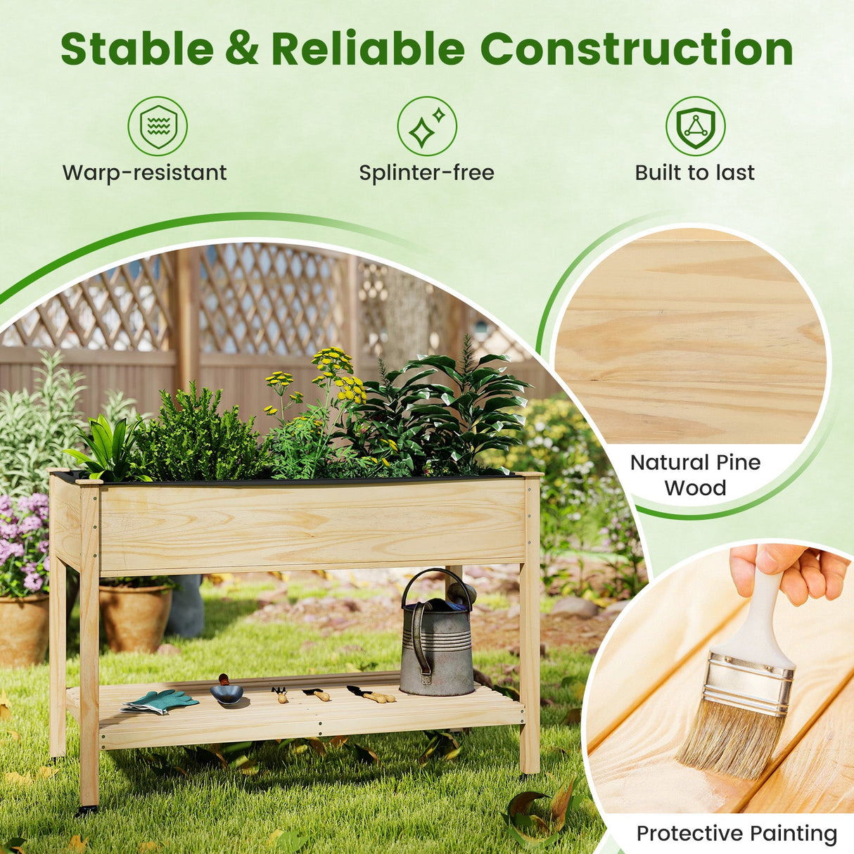 Mesa de cultivo de madera con patas y ruedas bloqueables - Natural