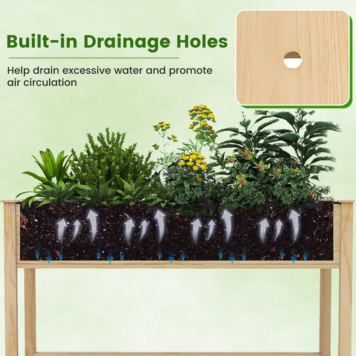Mesa de cultivo de madera con patas y ruedas bloqueables - Natural