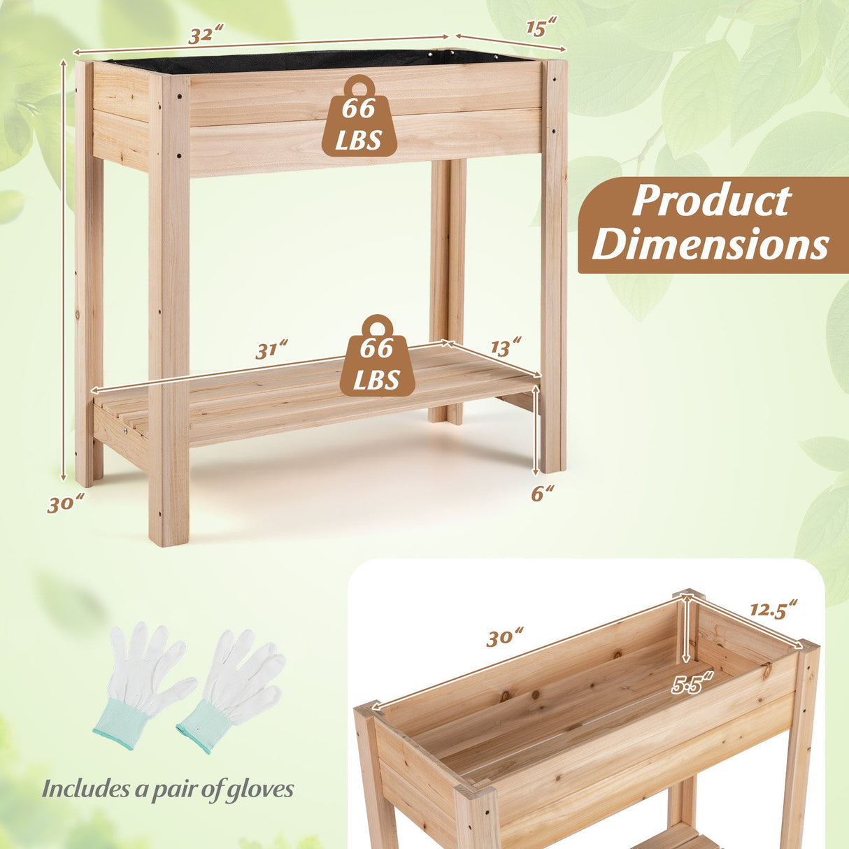 Mesa de Cultivo Elevada de Madera con Patas y Estante de Almacenamiento