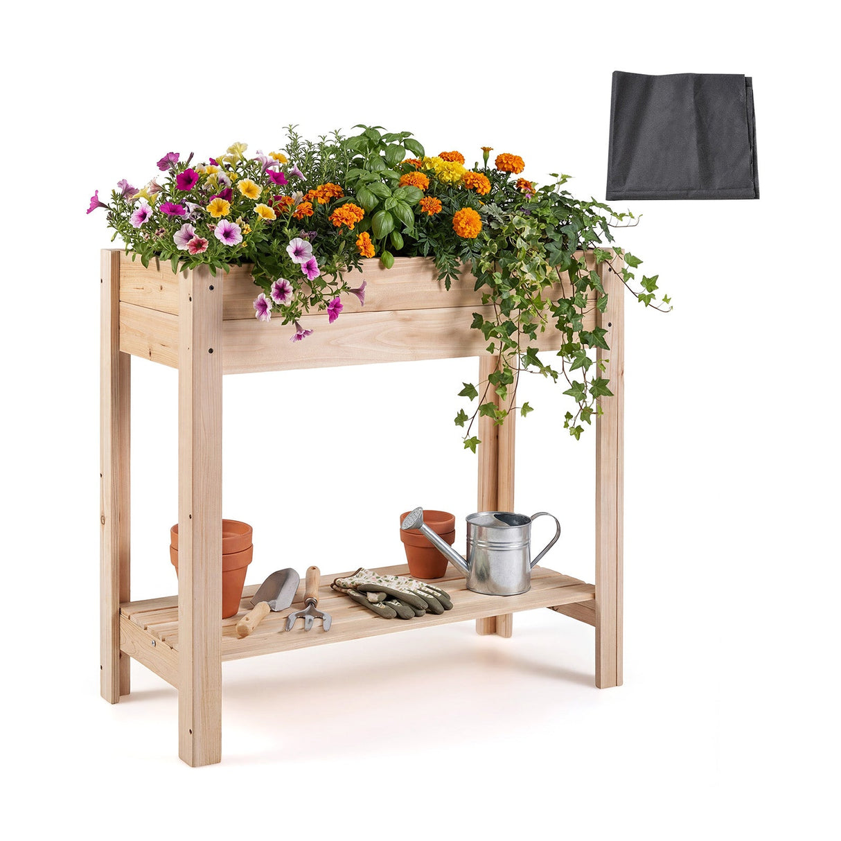 Mesa de Cultivo Elevada de Madera con Patas y Estante de Almacenamiento