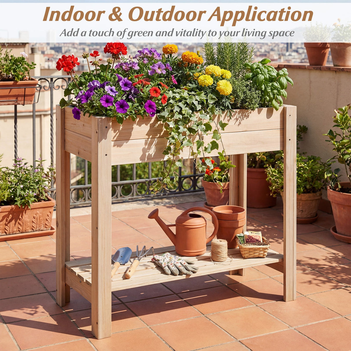 Mesa de Cultivo Elevada de Madera con Patas y Estante de Almacenamiento