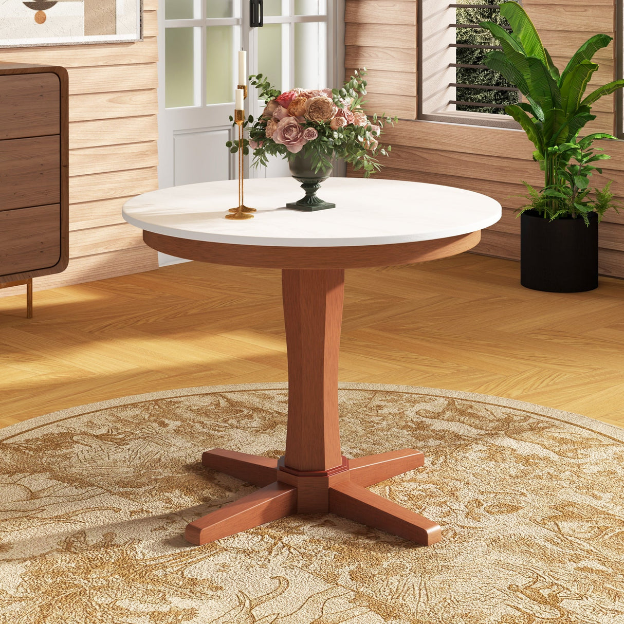 Mesa de comedor redonda de madera de 35 pulgadas con base de pedestal - Blanca
