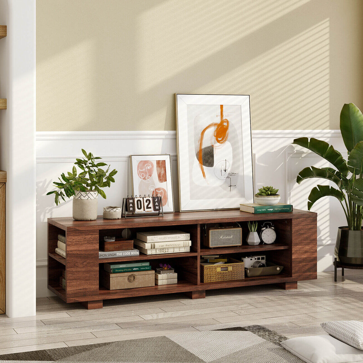 Mueble de TV de madera para almacenamiento de consolas y equipos multimedia de 59 pulgadas - Nogal