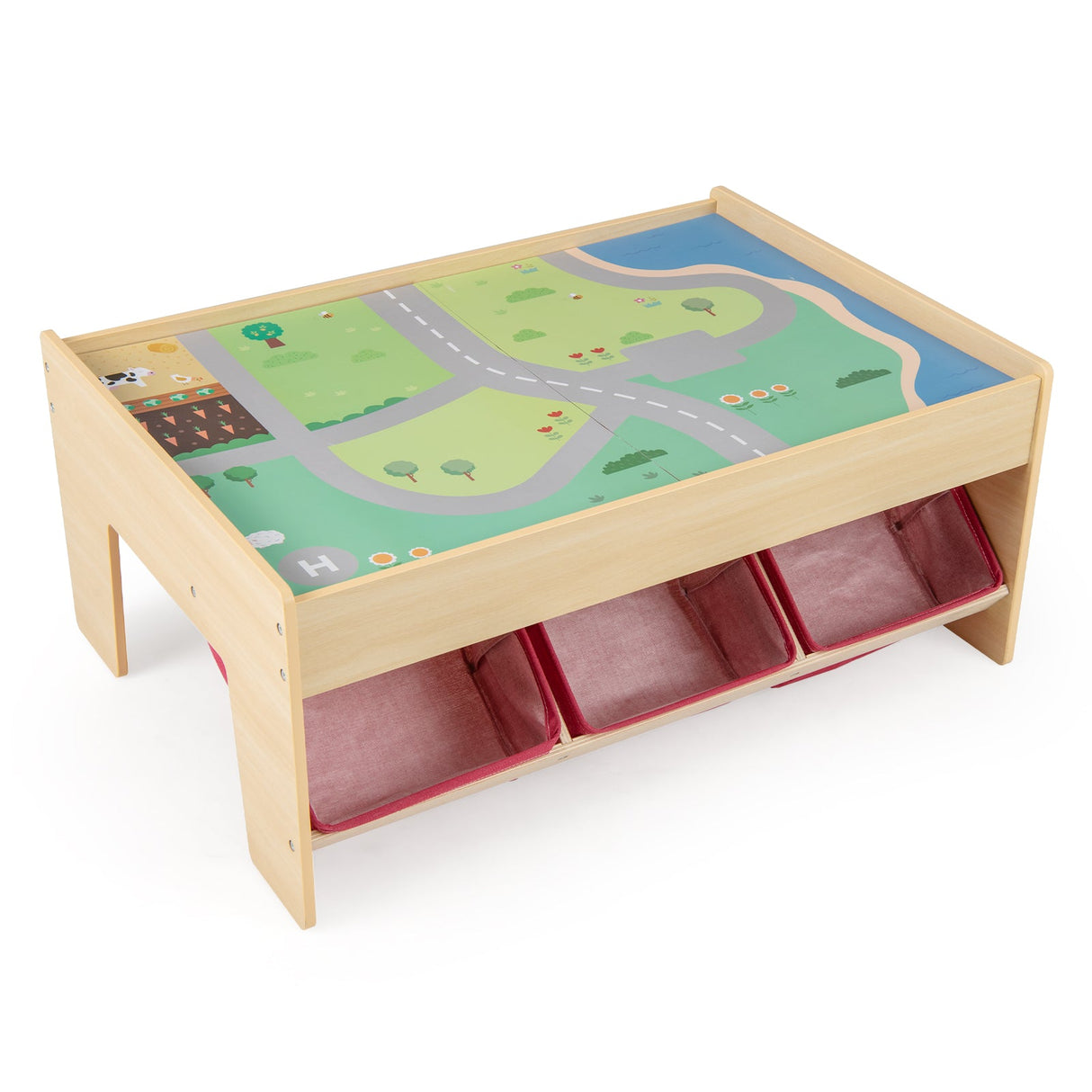 Mesa de tren de madera, mesa de actividades multiusos para niños con 2 tableros reversibles, color rojo