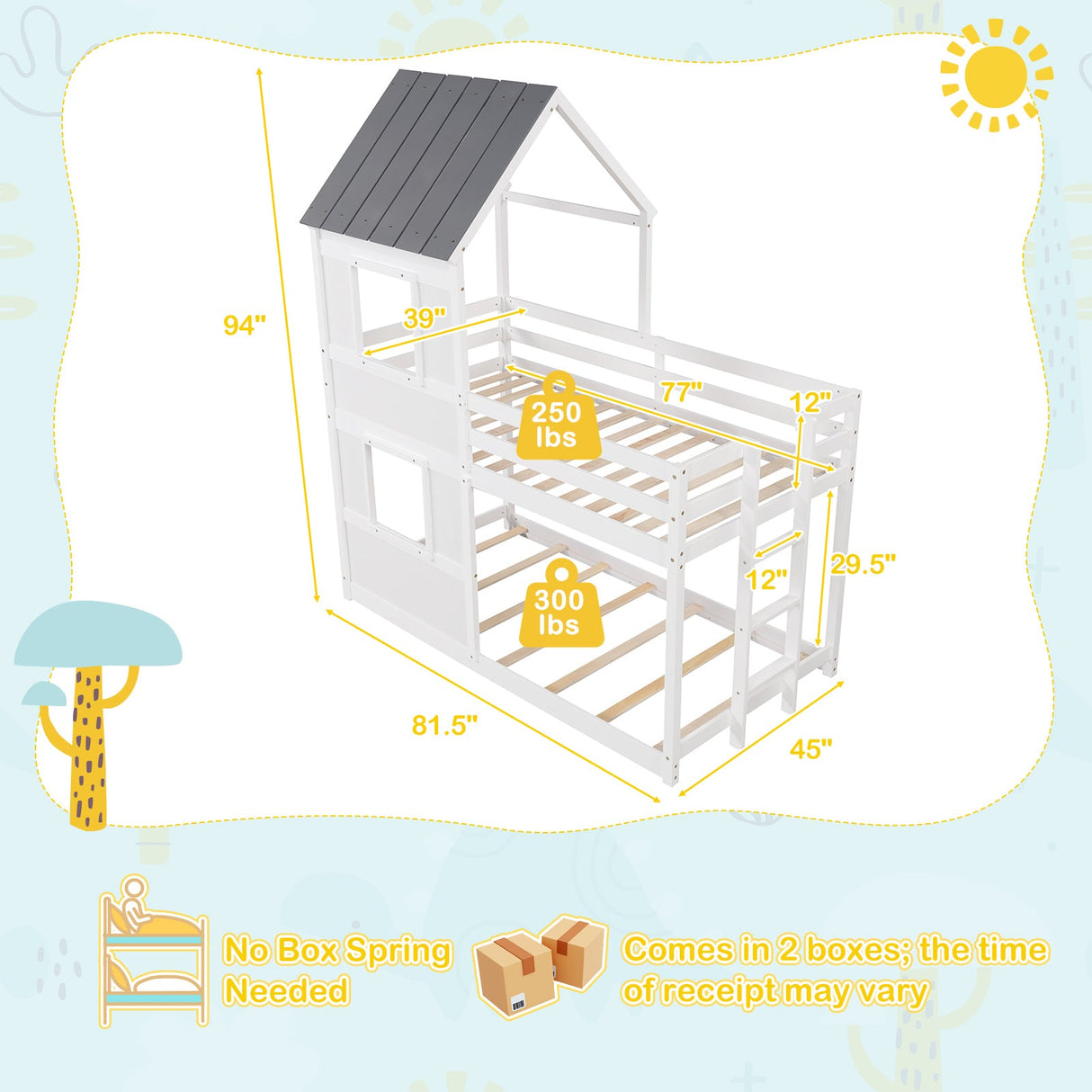 Wooden Twin Over Twin Bunk Bed with Full-length Safety Guardrail and Ladder-White and Gray