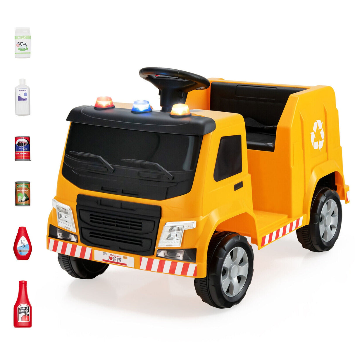 Camión de basura para niños de 12 V con luces de advertencia y 6 accesorios de reciclaje