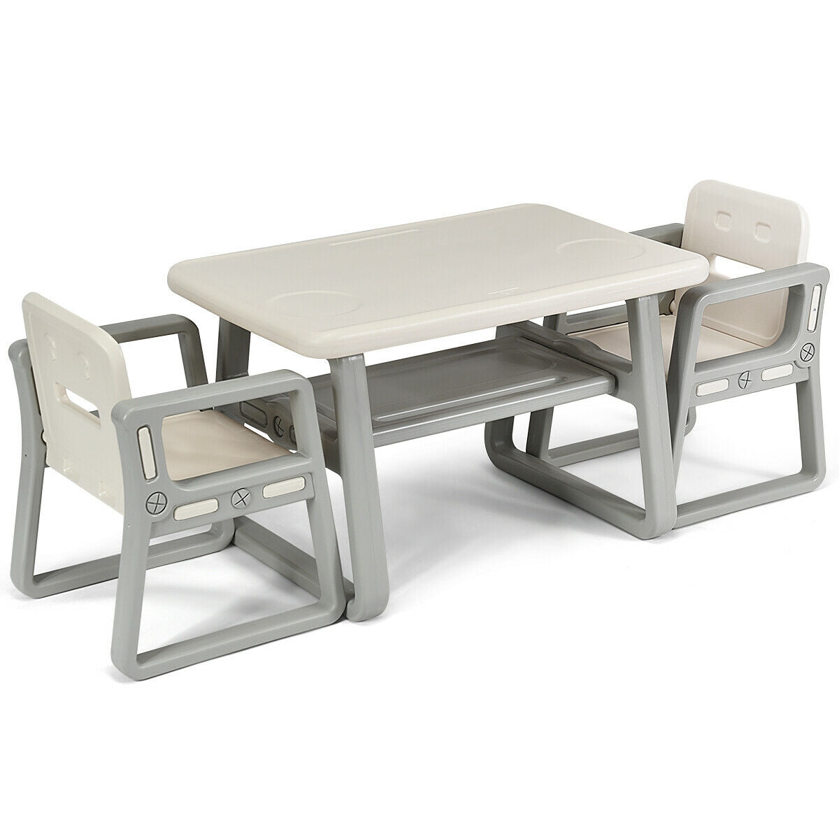 Juego de mesa y 2 sillas para niños con estante de almacenamiento-Blanco