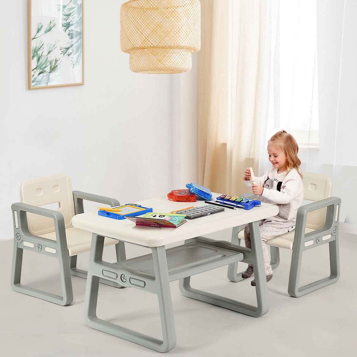 Juego de mesa y 2 sillas para niños con estante de almacenamiento-Blanco