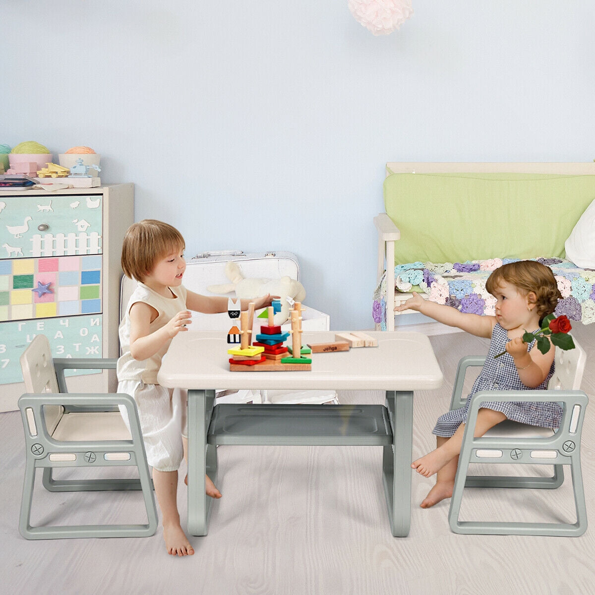 Juego de mesa y 2 sillas para niños con estante de almacenamiento-Blanco