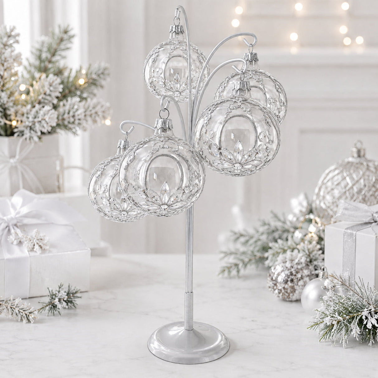 5-Arm Scroll Tree Branches Silver Metal Ornament Display Stand 14.5 Inches (Poland)
