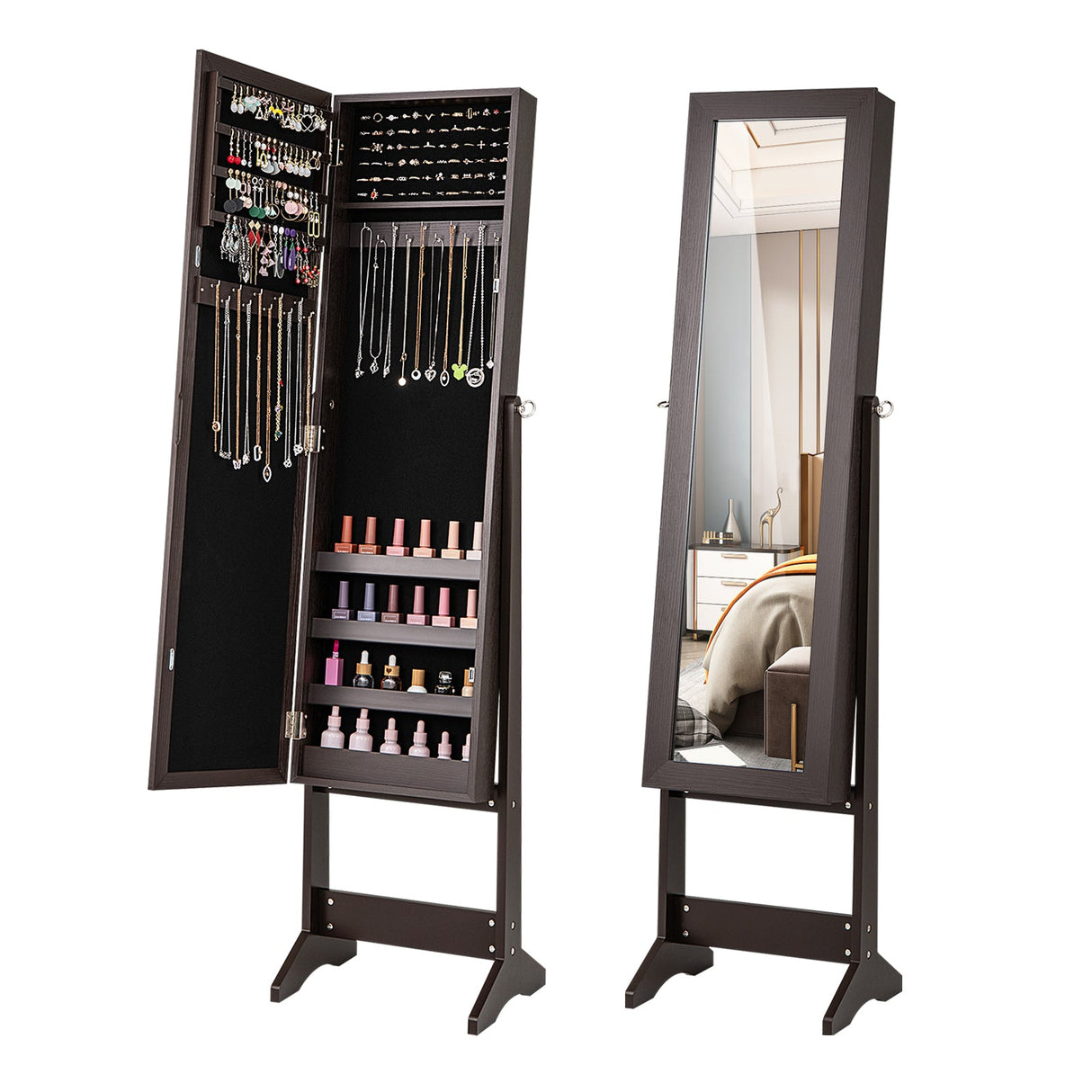 Gabinete de joyería de pie con espejo