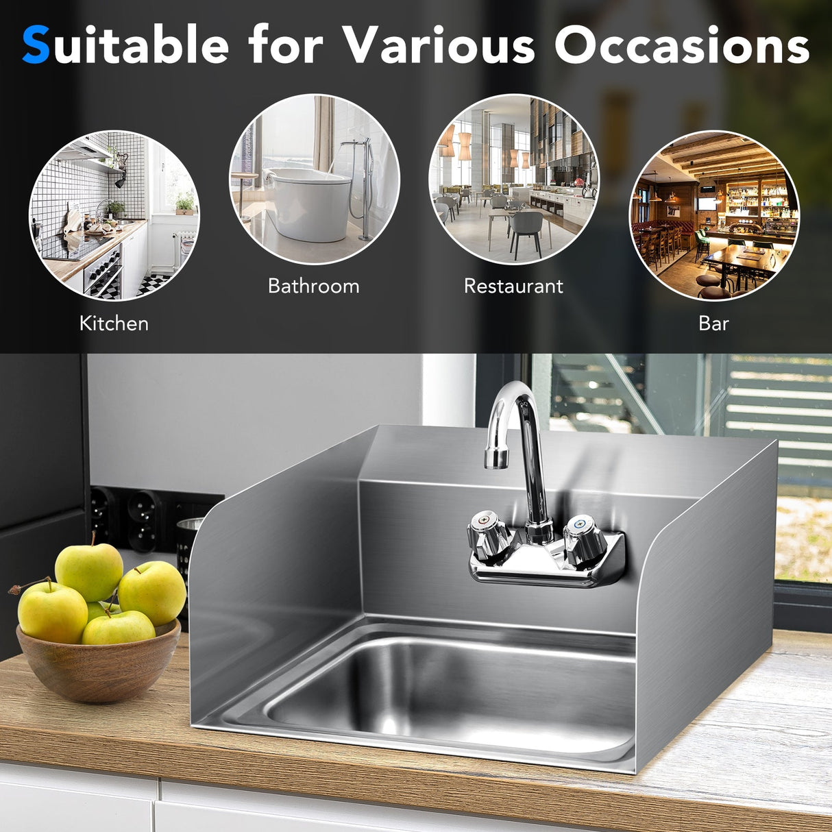 Fregadero de Pared de Acero Inoxidable para Lavado de Manos con Grifo y Protección Lateral