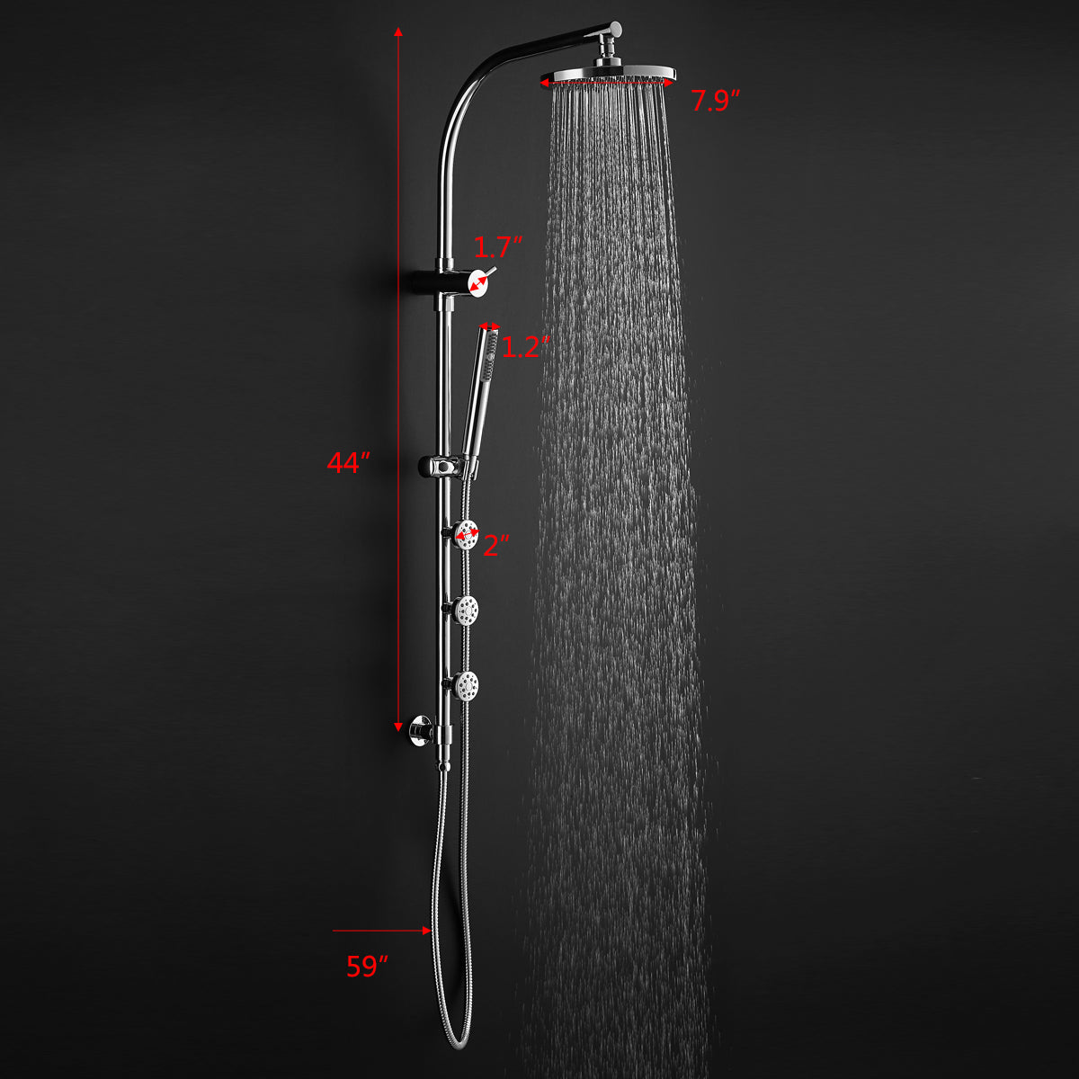 Panel de ducha de lluvia de latón cromado de 44 pulgadas, montaje en pared con ducha de mano