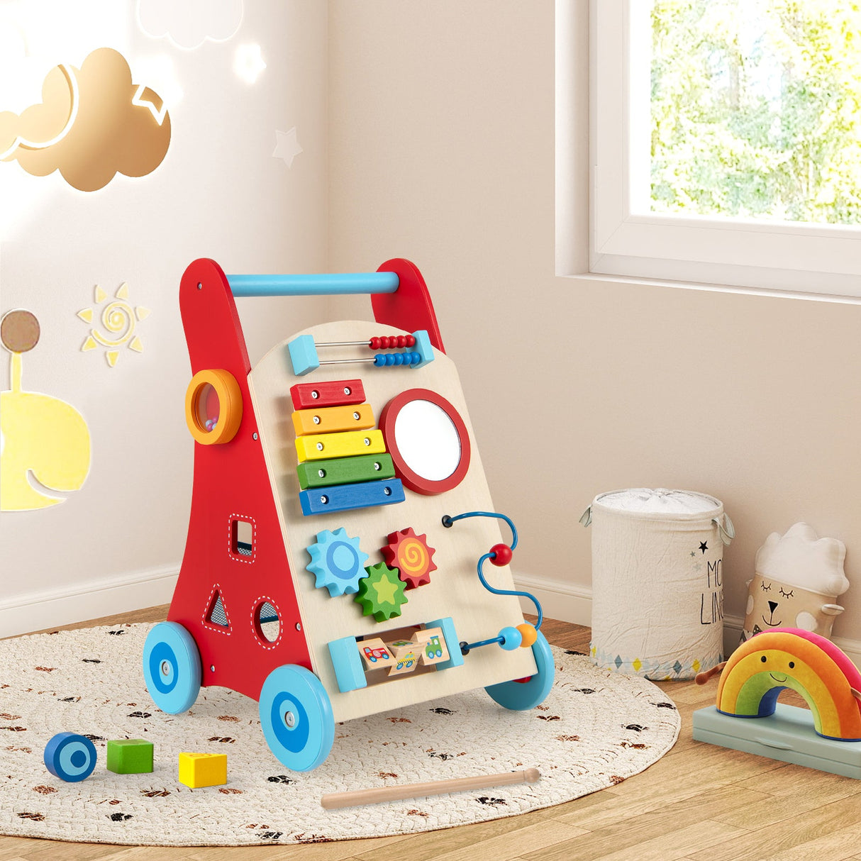 Andador para bebés con mango y ruedas para niños y niñas mayores de 3 años - Multicolor