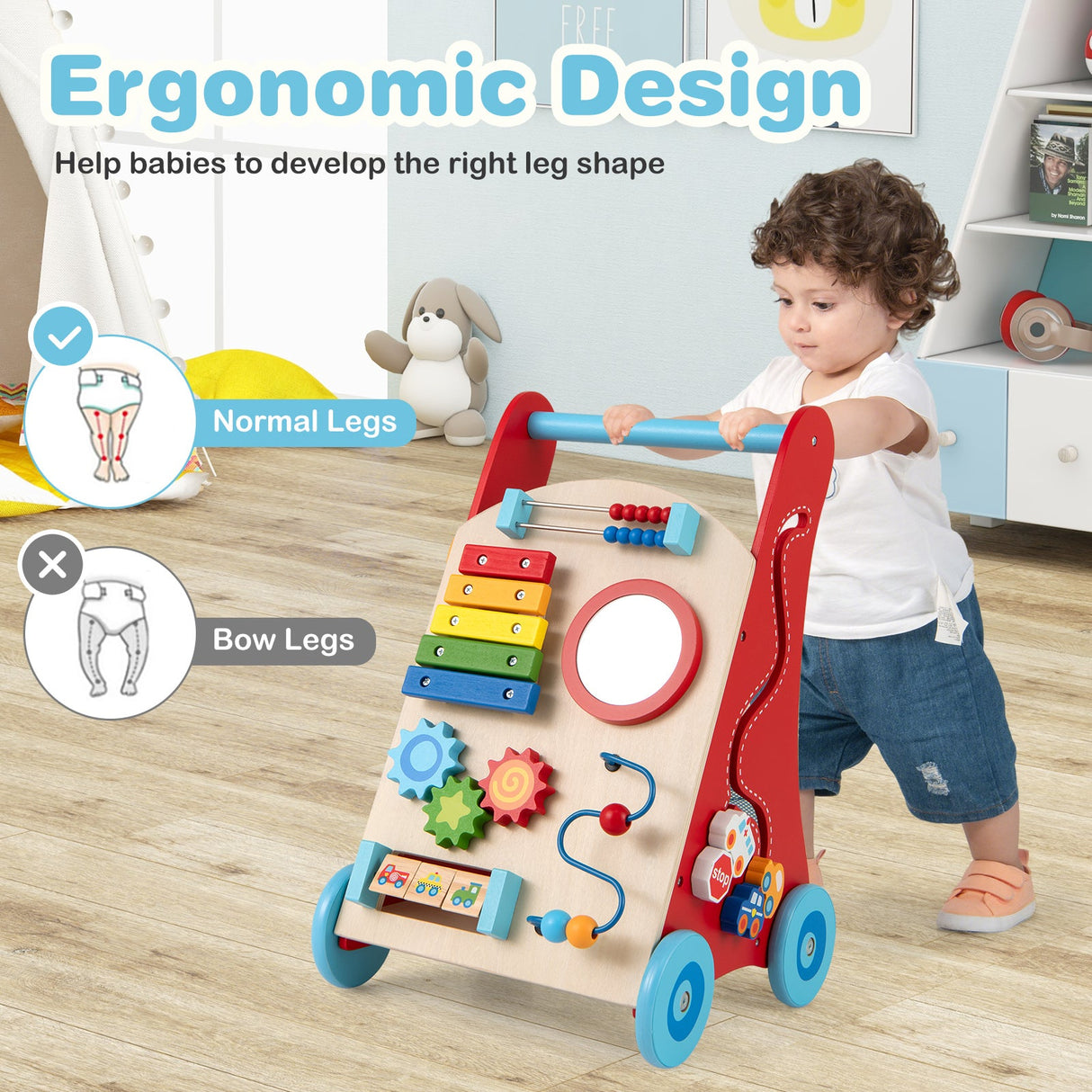 Andador para bebés con mango y ruedas para niños y niñas mayores de 3 años - Multicolor