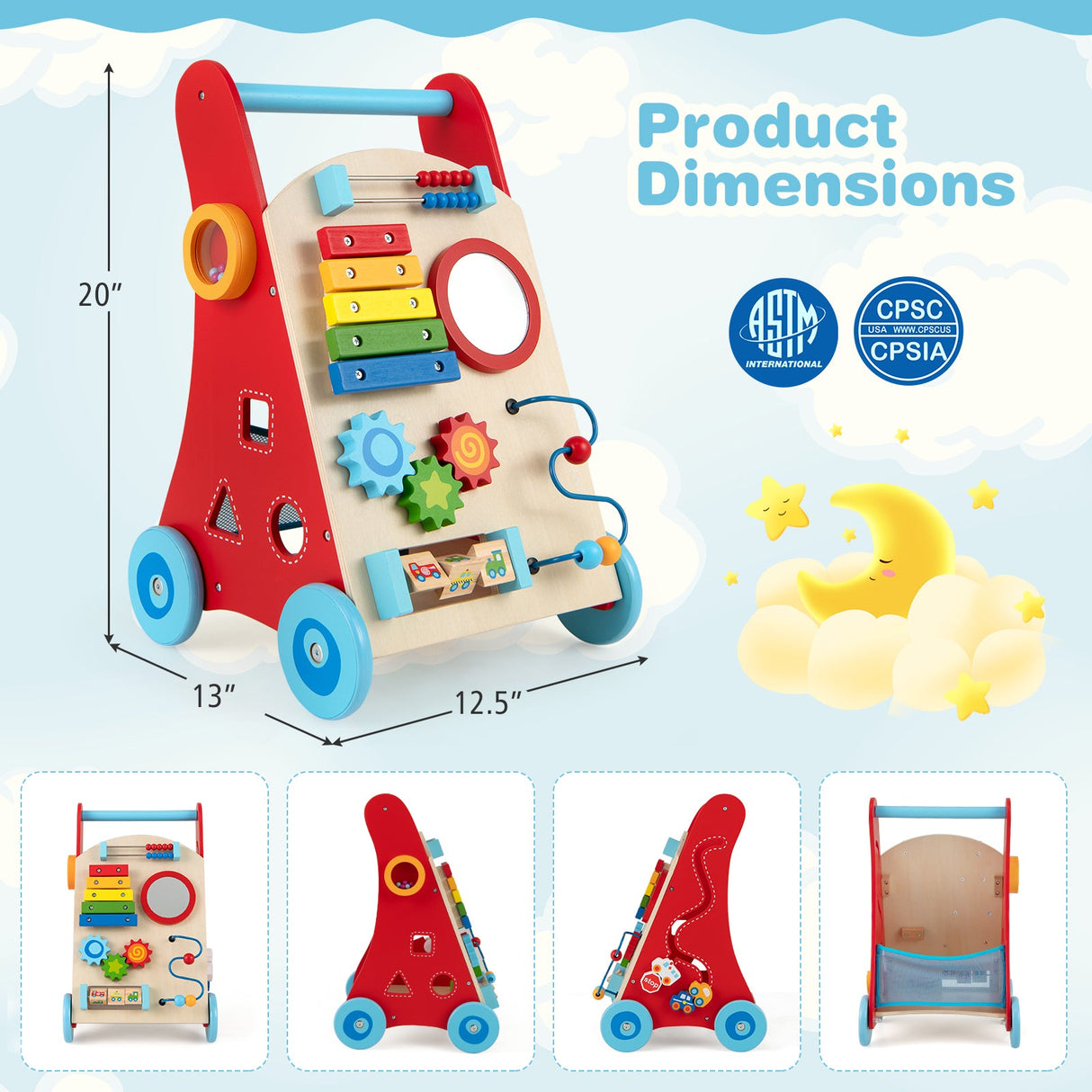 Andador para bebés con mango y ruedas para niños y niñas mayores de 3 años - Multicolor