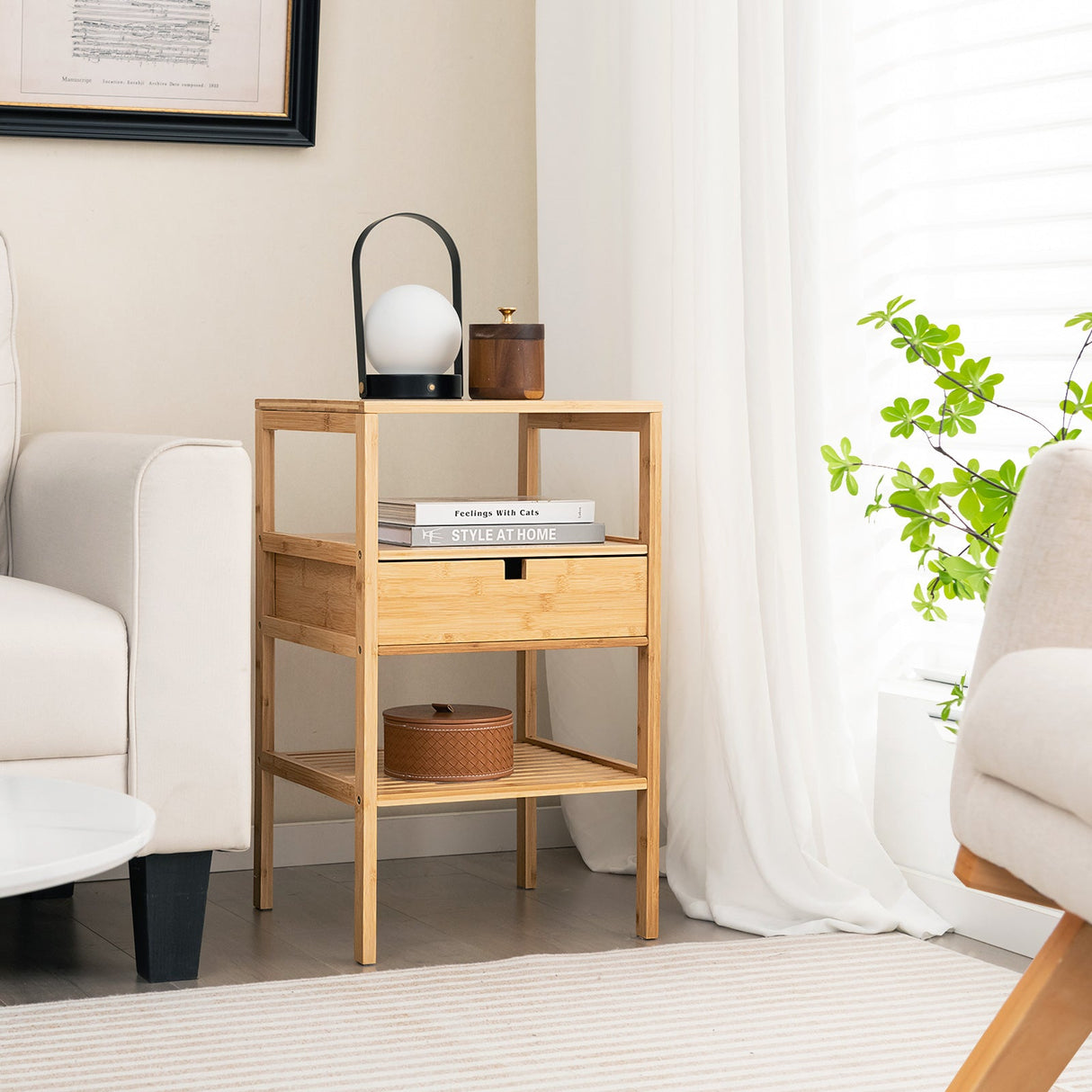 Bamboo Nightstand with Storage Drawer and Slatted Shelf