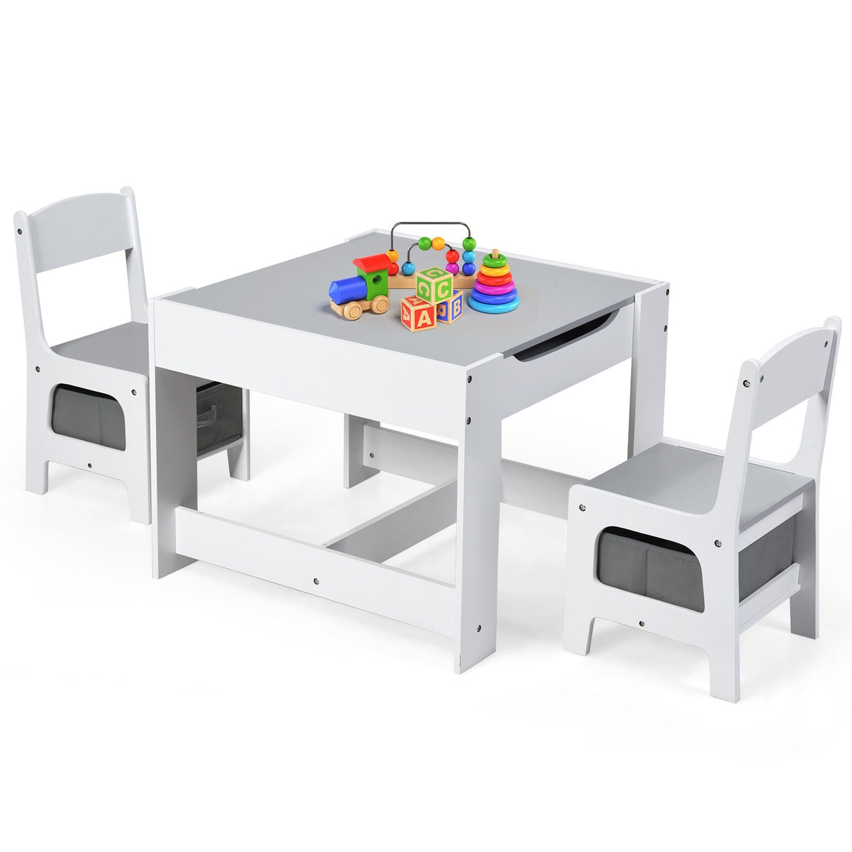 Juego de mesa y sillas para niños con cajas de almacenamiento, pizarra y tablero de dibujo.
