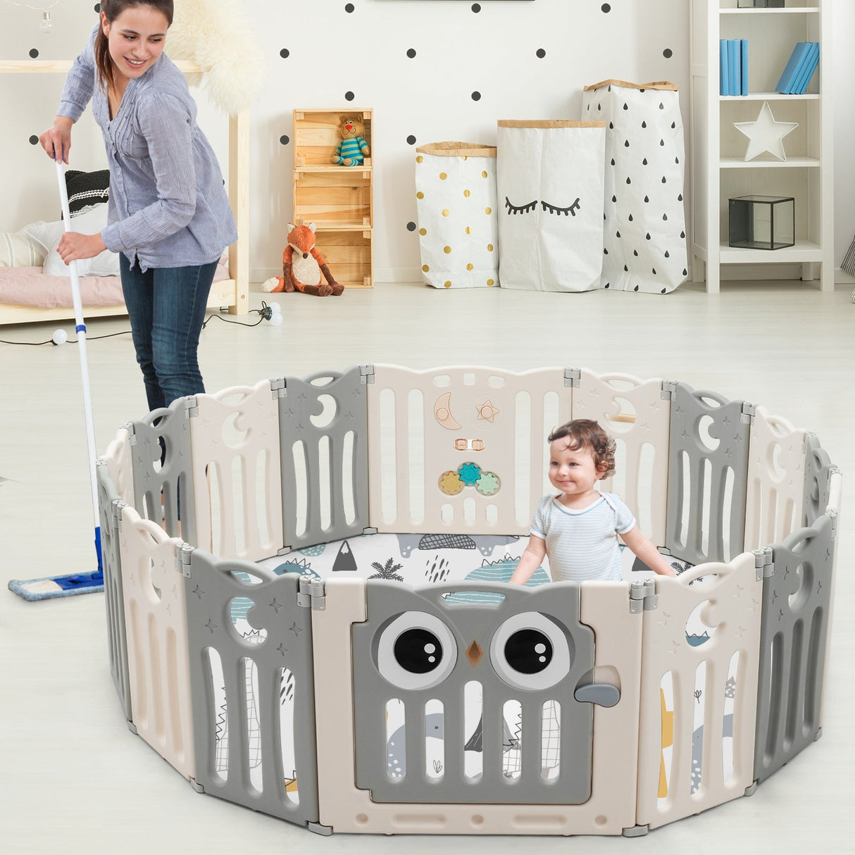 Parque de actividades para bebés de 16 paneles con puerta de seguridad - Beige
