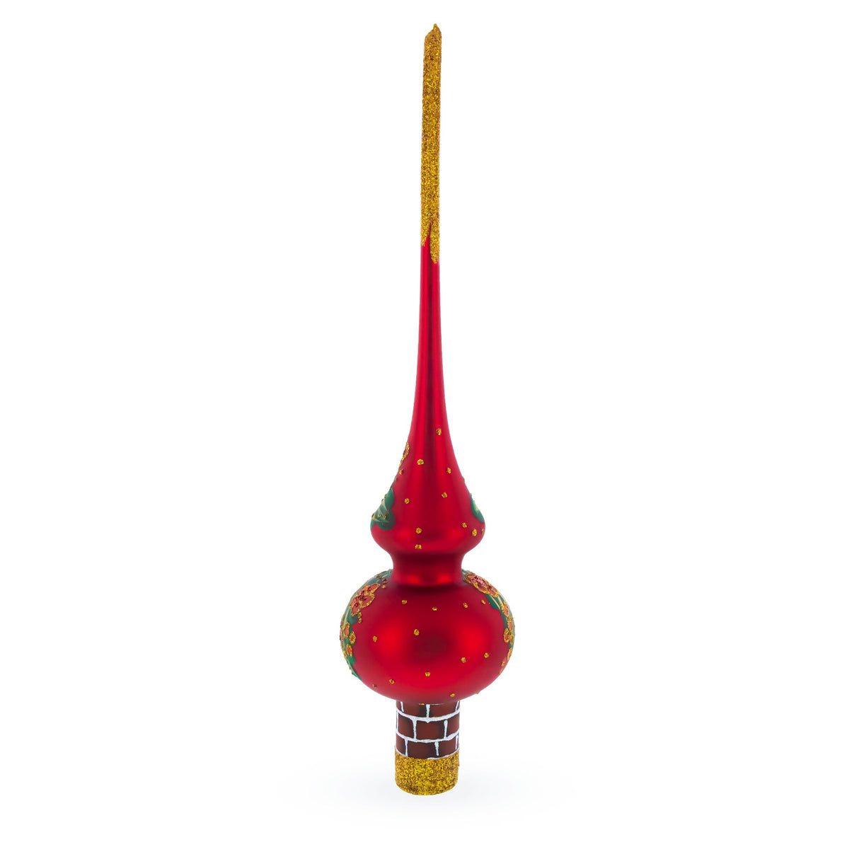 Santa in Chimney & Poinsettia Design Glass Christmas Tree Topper 11 Inches