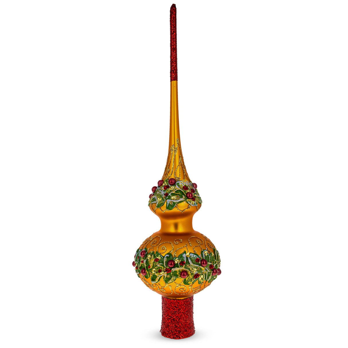 Poinsettia Flowers with Pearls Gold Glass Christmas Tree Topper 11 Inches