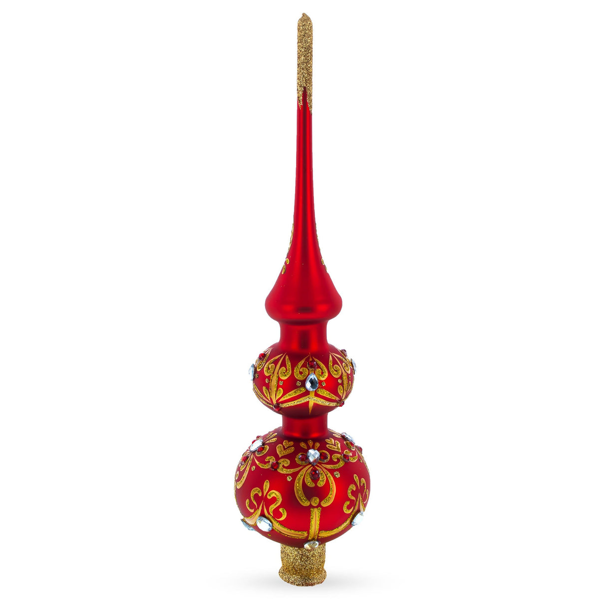 White and Red Jewels with Golden Trellis on Red Glass Christmas Tree Topper 12.5 Inches