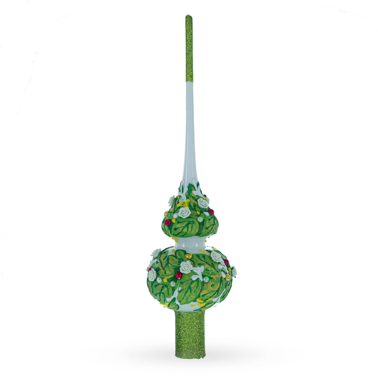 Dimensional White Roses on Green Leaves Glass Christmas Tree Topper 11 Inches