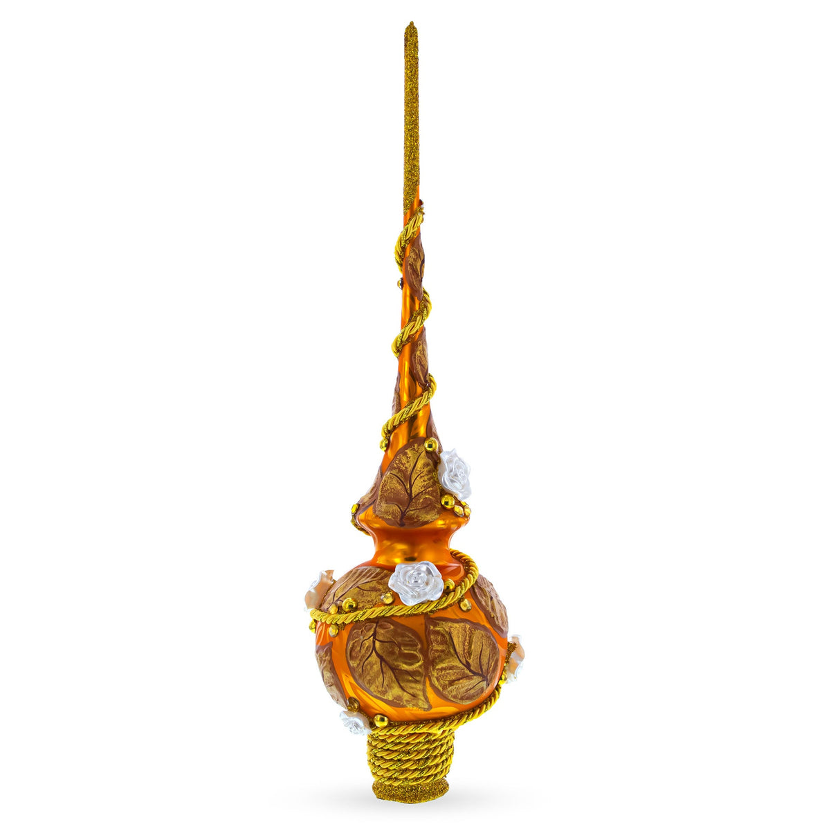 White Roses with Golden Leaves on Gold Glass Christmas Tree Topper 11 Inches