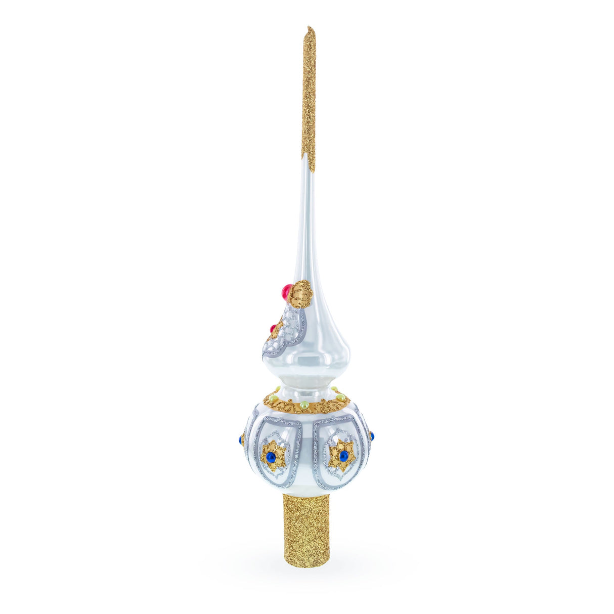 Dimensional Blue and Red Jewels on Silver Glass Christmas Tree Topper 11 Inches