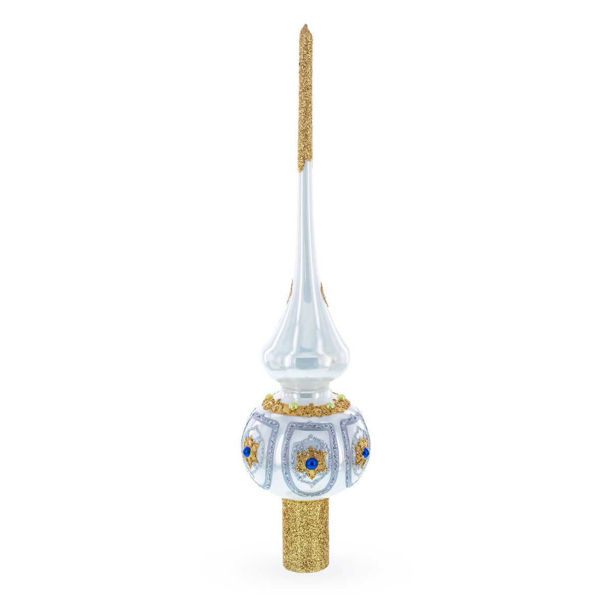 Dimensional Blue and Red Jewels on Silver Glass Christmas Tree Topper 11 Inches