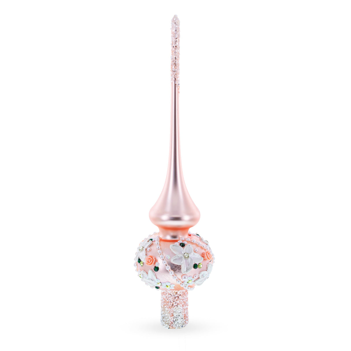 Pink Flowers on Metallic Rose Pink Glass Christmas Tree Topper 11 Inches