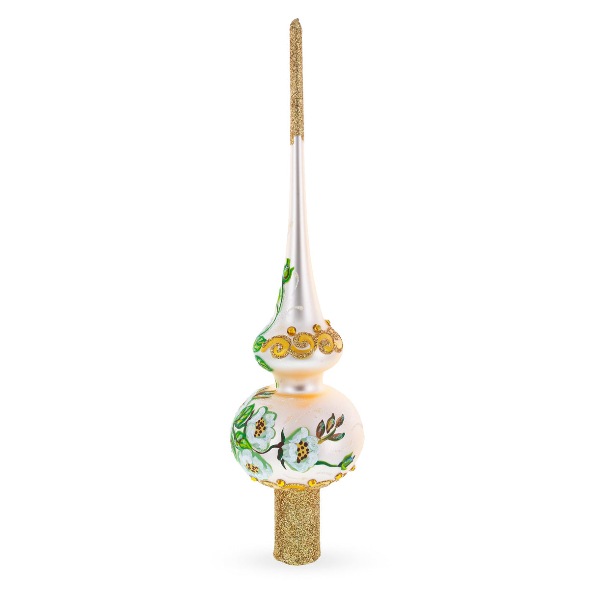 White Flowers Bouquet on Beige Glass Christmas Tree Topper 11 Inches