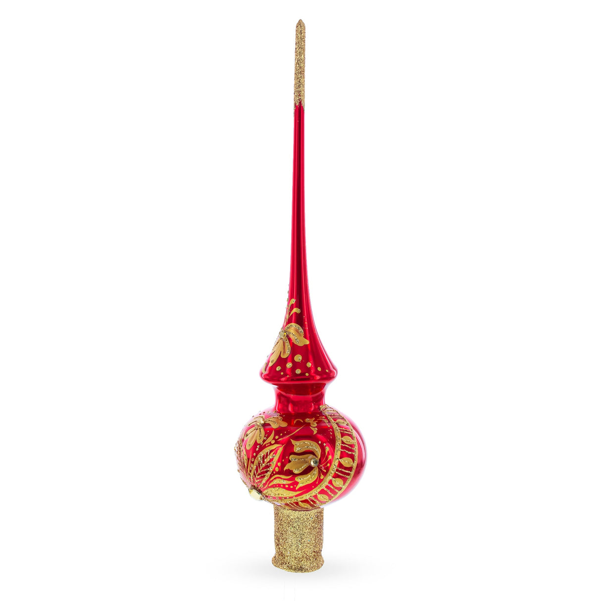 Golden Flowers Bouquet on Glossy Red Glass Christmas Tree Topper 11 Inches
