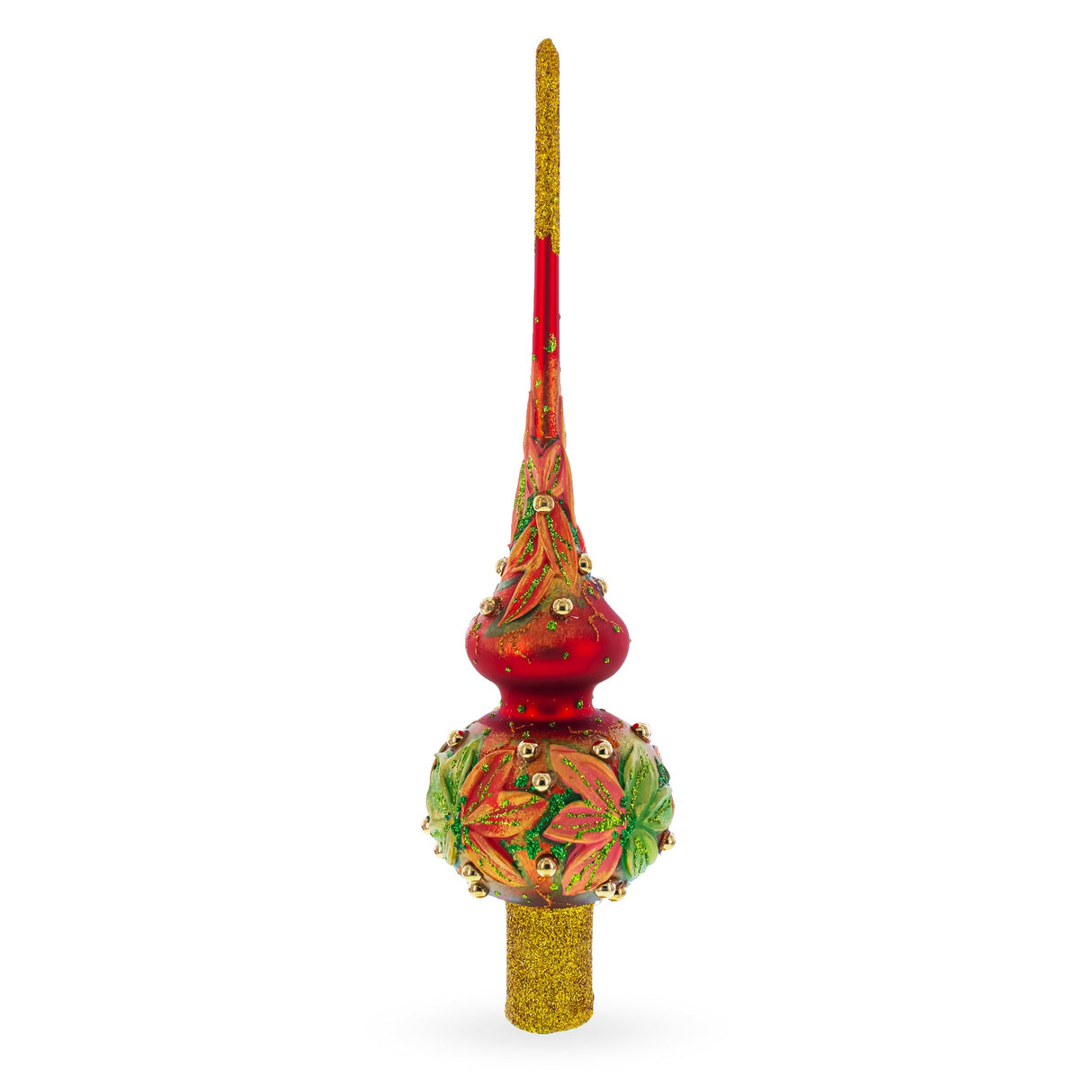 Red and Green Leaves on Red Glass Tree Topper