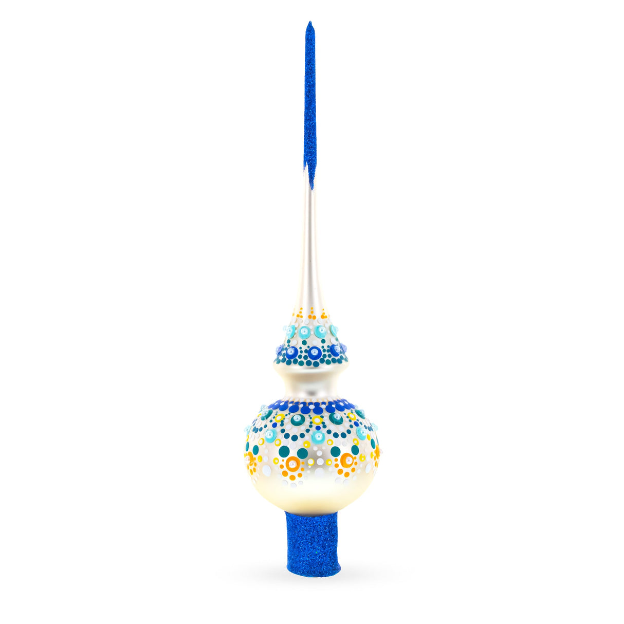 Chic Iridescent Pearl with Blue Embellishments Glass Christmas Tree Topper 11 Inches