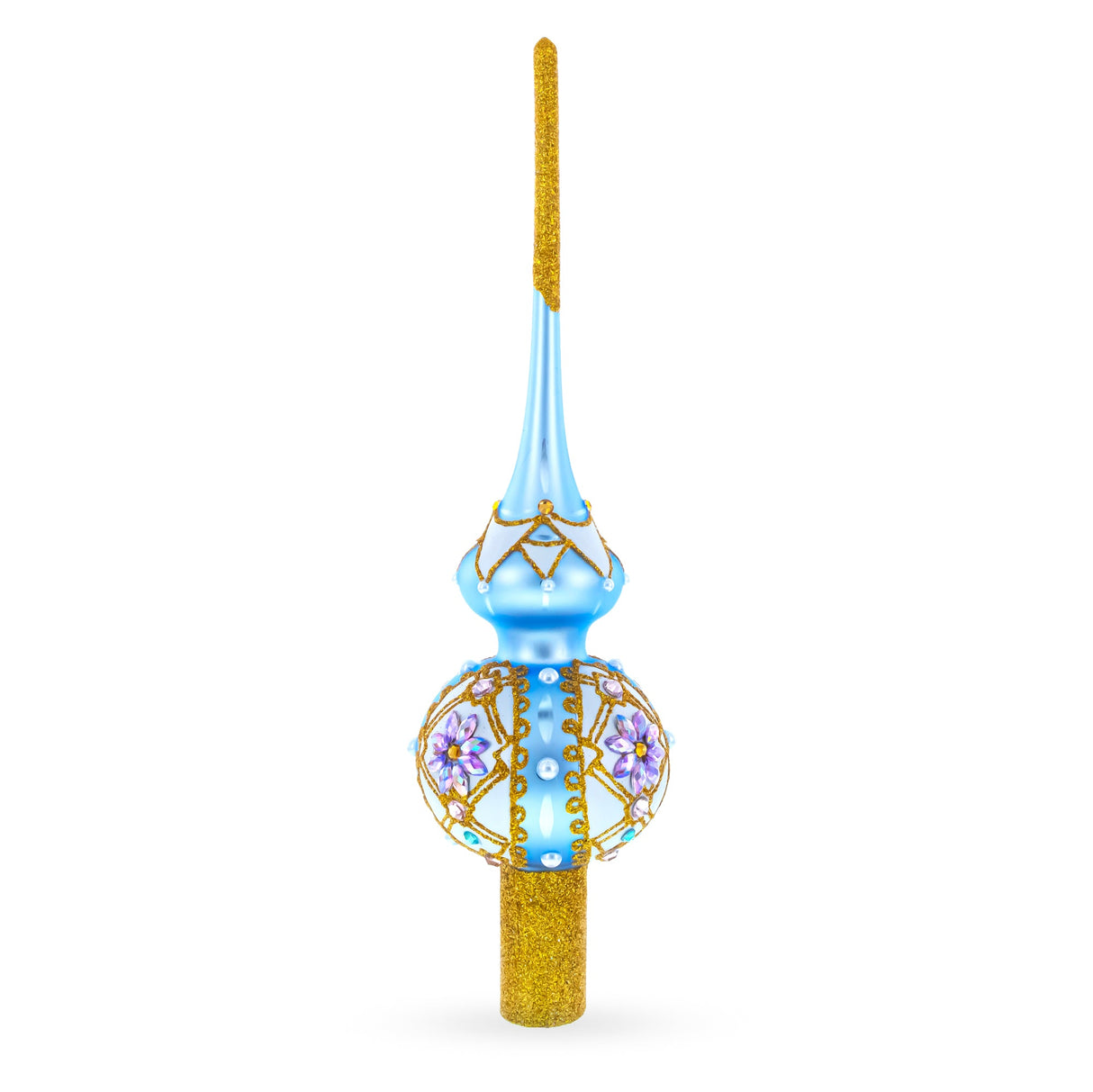 Elegant Blue and Purple Jewel-Encrusted Glass Tree Topper 11 Inches
