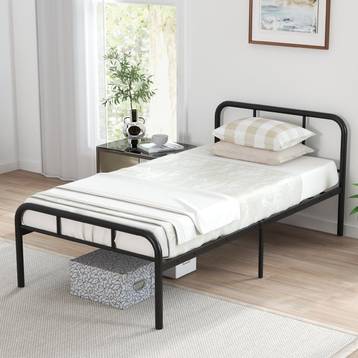 Estructura de cama moderna de metal con cabecero y piecero curvos, tamaño Twin