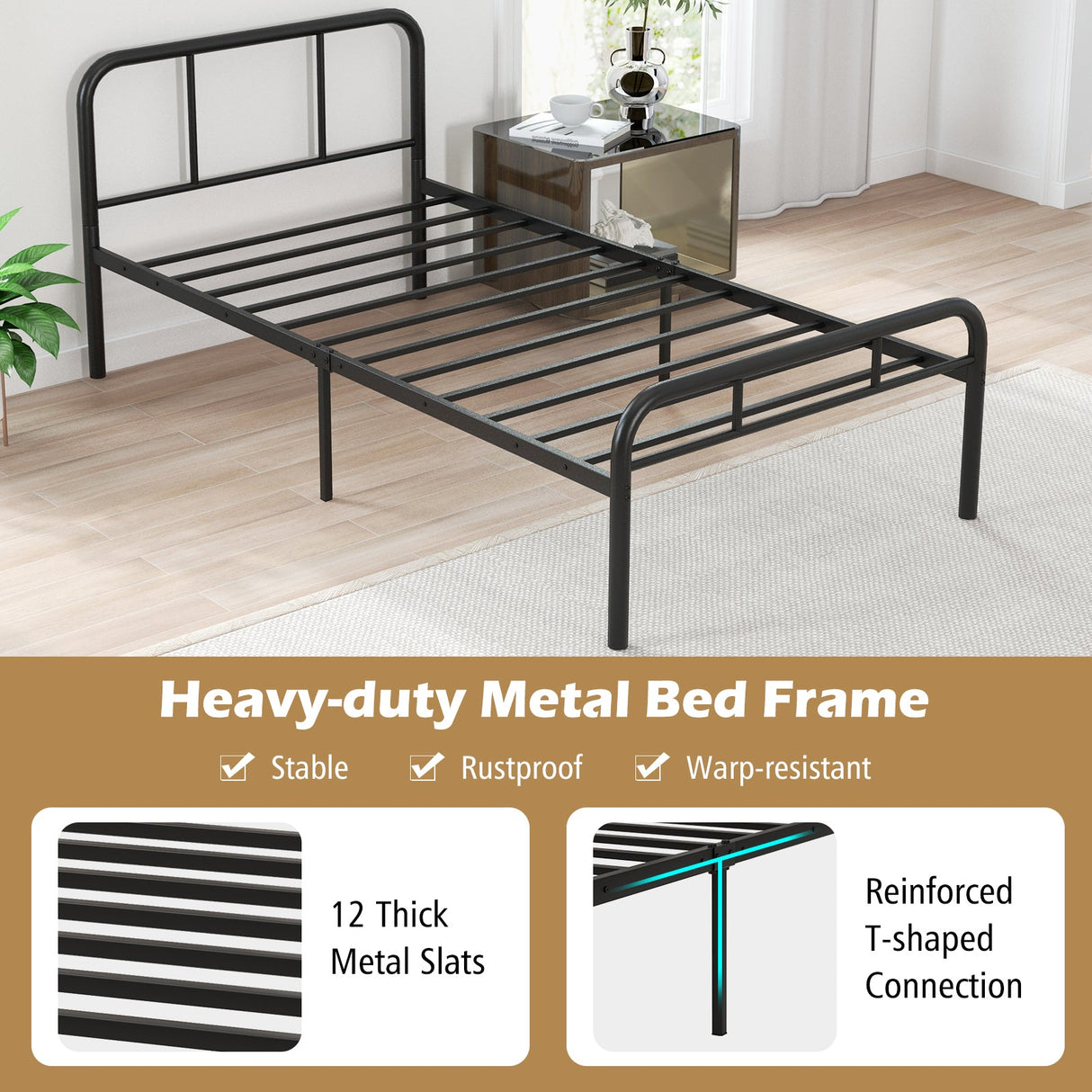 Estructura de cama moderna de metal con cabecero y piecero curvos, tamaño Twin