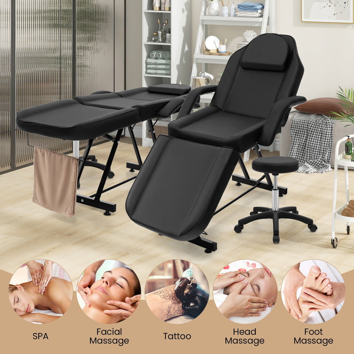 Juego de silla facial de 73 pulgadas con reposacabezas extraíble, reposabrazos desmontables y toallero - Negro