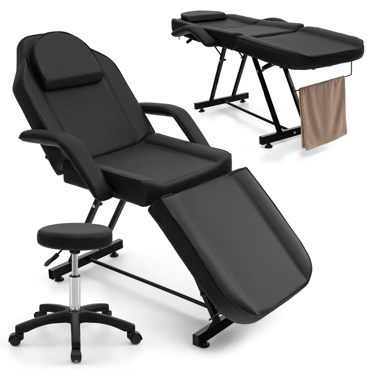 Juego de silla facial de 73 pulgadas con reposacabezas extraíble, reposabrazos desmontables y toallero - Negro