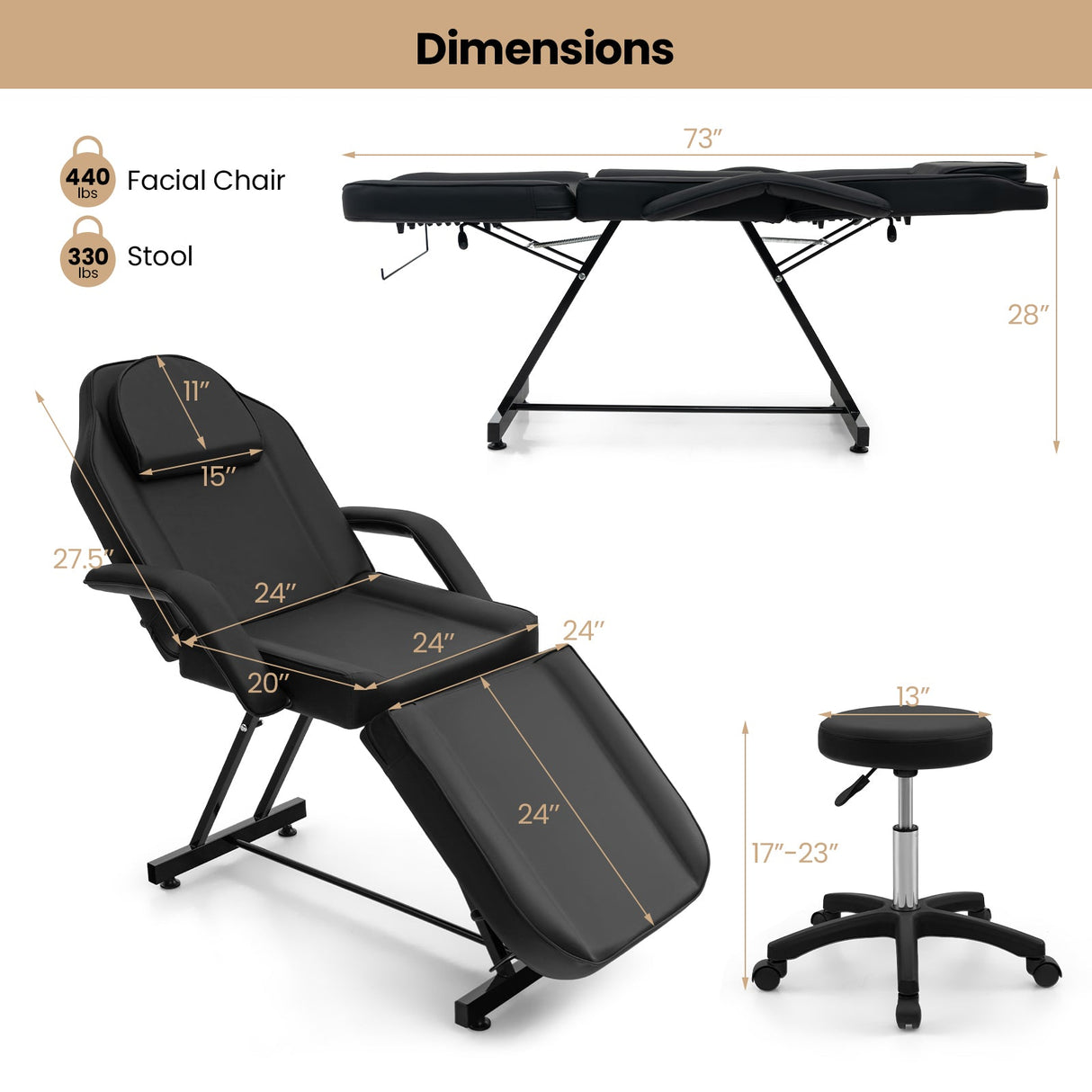 Juego de silla facial de 73 pulgadas con reposacabezas extraíble, reposabrazos desmontables y toallero - Negro
