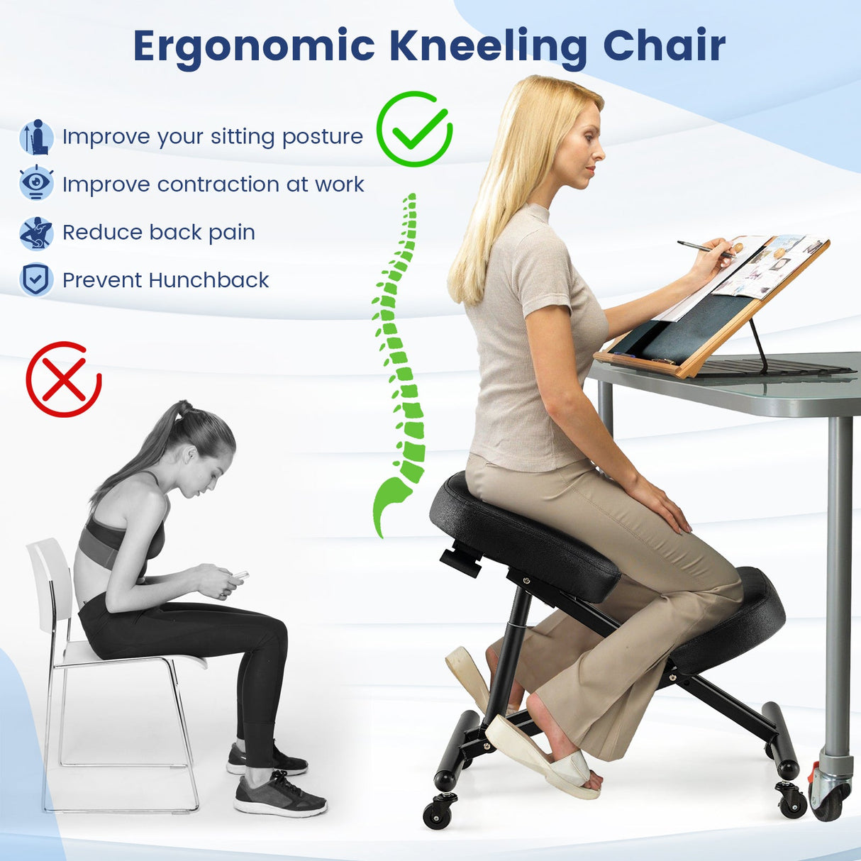 Silla Ergonómica Ajustable para Arrodillarse con Varilla de Resorte de Gas Mejorada y Cojines de Espuma Gruesos