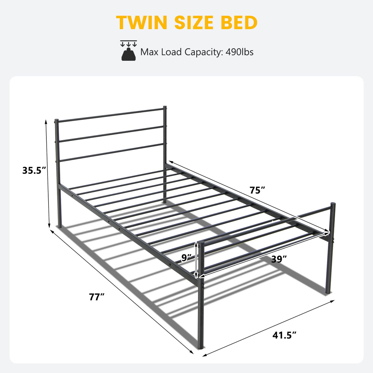 Base de cama de metal individual con plataforma y cabecera
