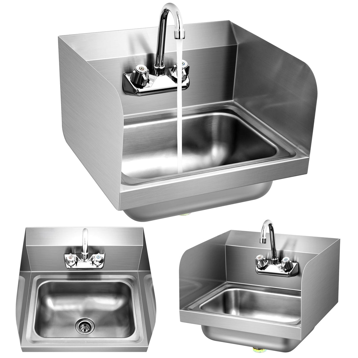 Fregadero de Pared de Acero Inoxidable para Lavado de Manos con Grifo y Protección Lateral