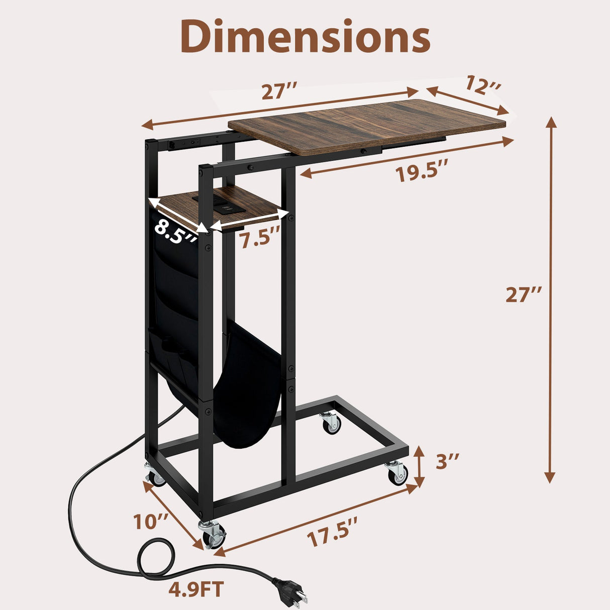 C-shaped End Table with Charging Station and Retractable Tabletop-Coffee